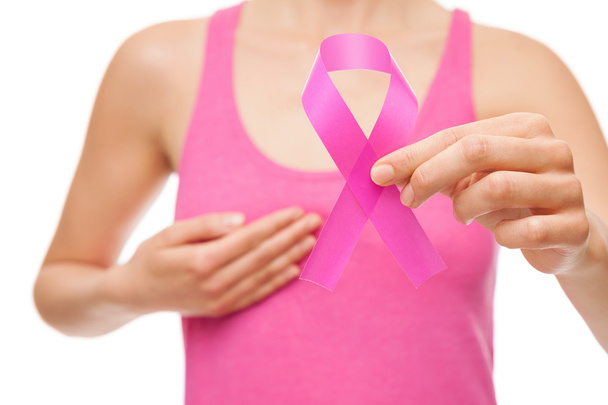 Woman with breast cancer awareness ribbon - Fotoğraf, Görsel