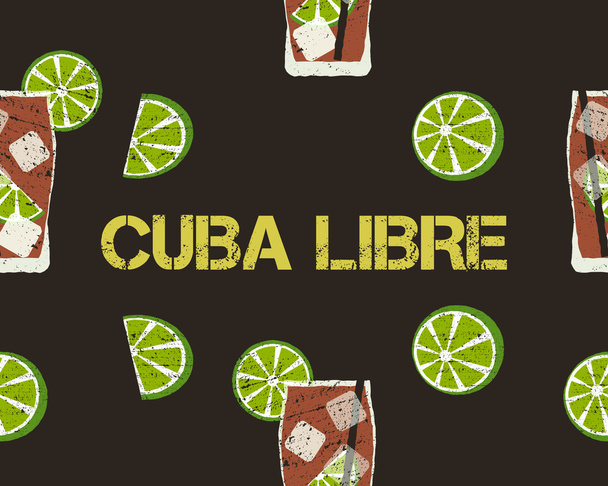 Seamless Pattern of Cuba Libre cocktail with lime and sign. Dark background. Unusual concept. Vector - Vektör, Görsel