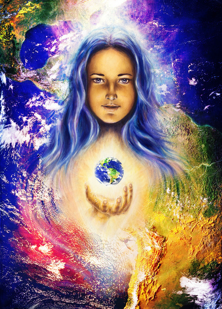 Mystic woman and earth collage. Hands holding planet Earth. Woman illustration. - Photo, Image