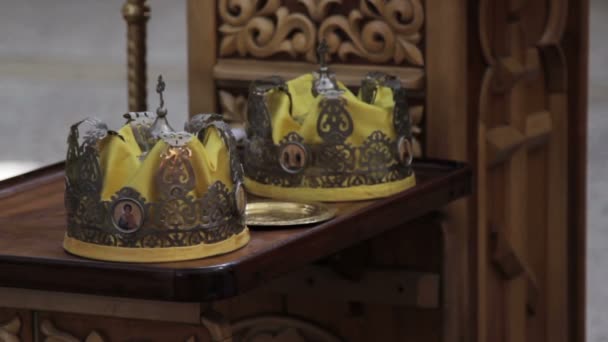 Two Orthodox Wedding Ceremonial Crowns Ready for Ceremony - Footage, Video