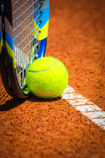 Tennis Ball and Racquet on the court - Fotoğraf, Görsel