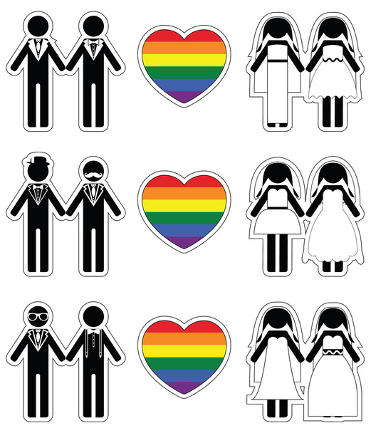 Lesbian brides and gay grooms icon 3 set with rainbow element - Vector, Image