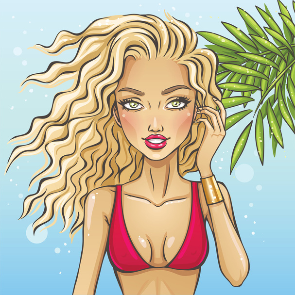 Beautiful hot girl in bikini on the beach - Διάνυσμα, εικόνα
