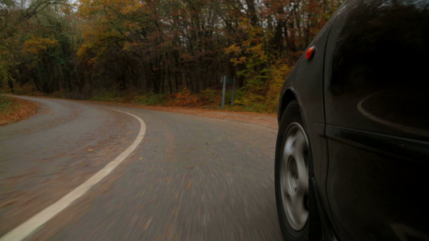 Carro de passageiros dirigindo ao longo da estrada sinuosa na floresta de outono
 - Filmagem, Vídeo
