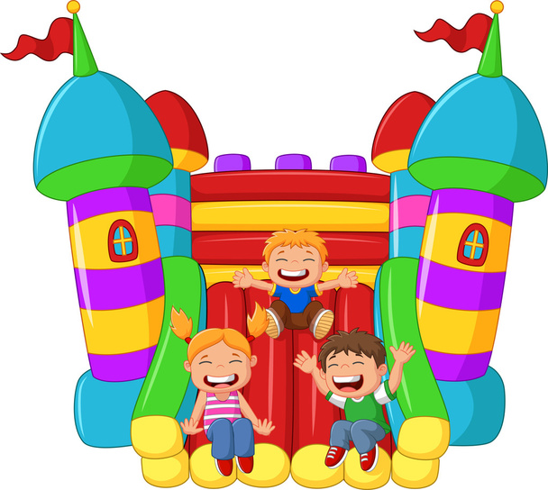 Cartoon little kid playing slide on the inflatable balloon - Vector, Image