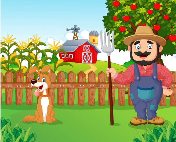Cartoon farmer holding a rake with dog - Vector, Image