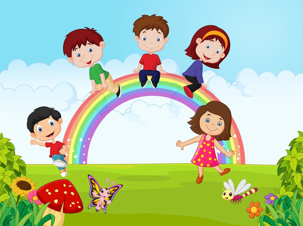 Cartoon Glückliche Kinder sitzen auf Regenbogen im Dschungel - Vektor, Bild