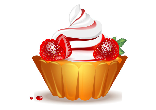 cake basket with strawberries and whipped cream on white background - Vector, Image