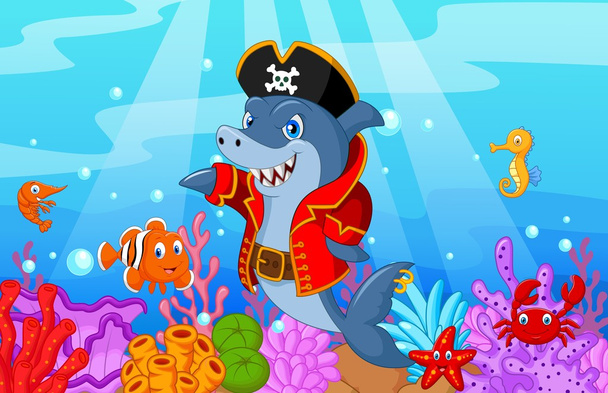 Cute shark pirate cartoon with collection fish - Vetor, Imagem