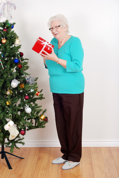 Happy senior woman with christmas gift - Фото, изображение