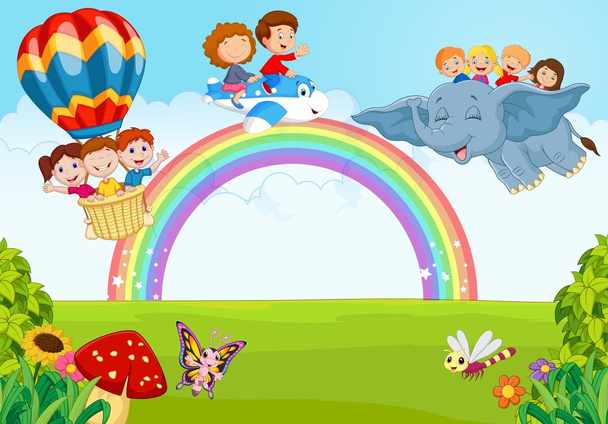 Cartoon little kid on the rainbow - Vector, Image