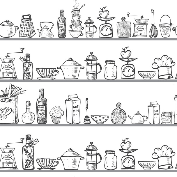 Doodle sketch kitchen utensils on shelves - Vector, Image