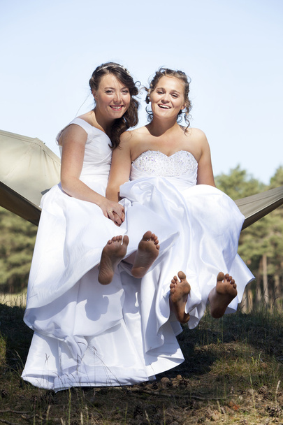 two brides in hammock against blue sky with forest background - Photo, Image