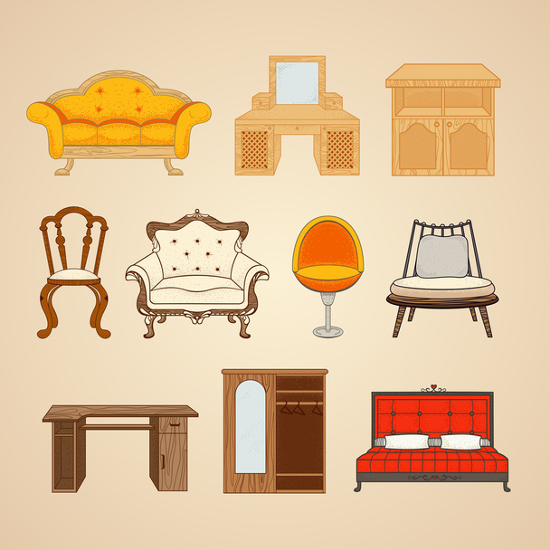 Set of ten illustrations of home furnishings. - ベクター画像