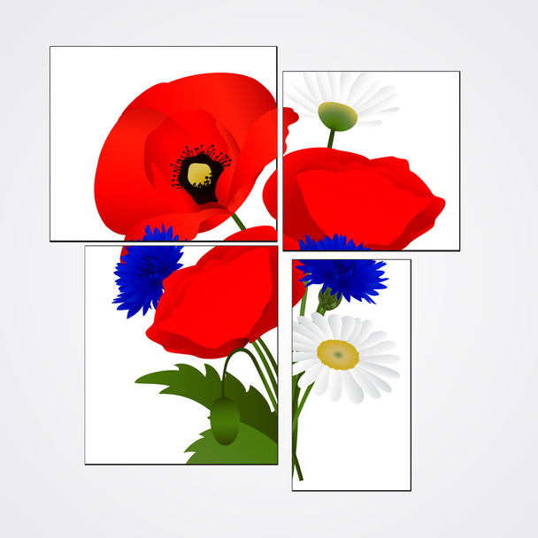 Vector white background with chamomile, cornflowers and poppies - Vektör, Görsel