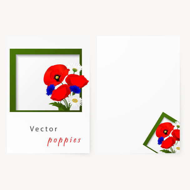 Karton, kamilla, búzavirág és piros pipacs virágok - Vektor, kép