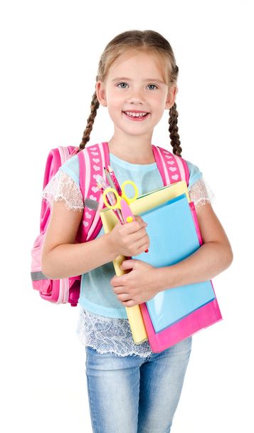Портрет улыбающейся школьницы со школьной сумкой
 - Фото, изображение