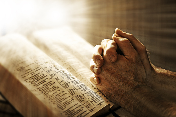 Mans hands praying on Bible - Foto, afbeelding