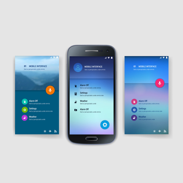 Modern user interface screen template for mobile smart phone or web site. Transparent blurred material design ui with icons. - Vector, Image