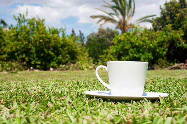 White cup of coffee on landscape background. Profile view - 写真・画像