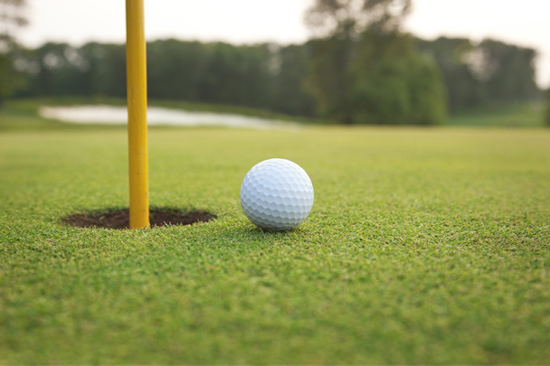Крупним планом м'яч для гольфу на зеленому біля отвору з шпилькою
 - Фото, зображення