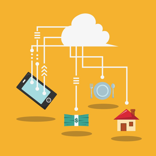 Mobile phone with cloud of application icons, concept network. - Vector, afbeelding