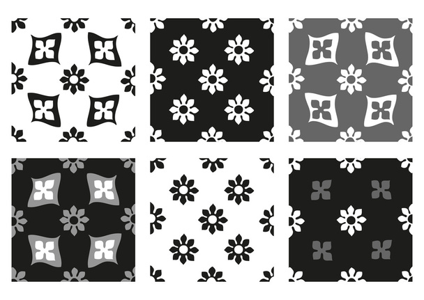 Vector set of seamless floral patterns black and white vintage backgrounds - Vector, Image