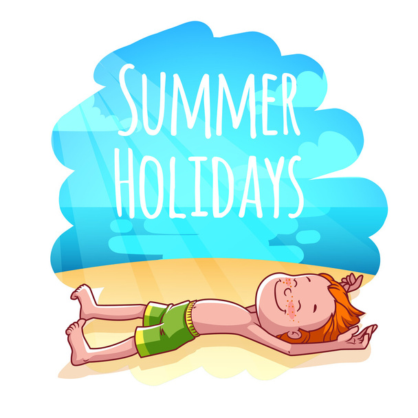 Red-haired boy sunbathes on a beach. Summer Holidays - Vetor, Imagem