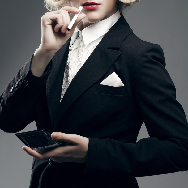 Femme fatale concept. Marlene Dietrich style. Close up retro portrait - 写真・画像