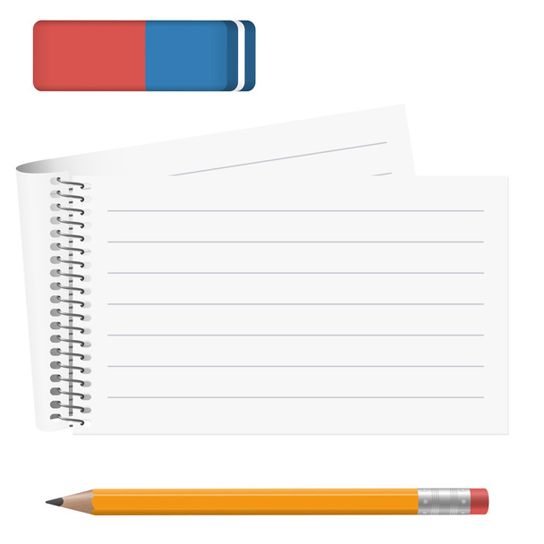 Бумажный блокнот с карандашом и ластиком
 - Вектор,изображение