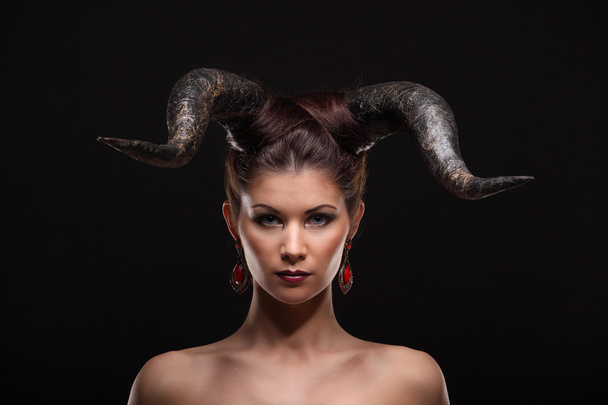 The beautiful young girl with horns like devil or angel - Fotoğraf, Görsel