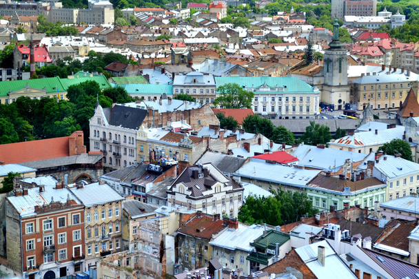 LVIV, UKRAINE - JUNE 29, 2015: cityscape topview of Lviv downtown - 写真・画像