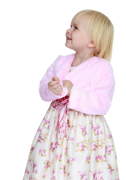 Adorable little blonde girl with short hair in lush elegant dres - Foto, afbeelding