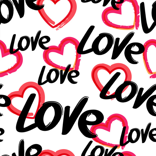 Vector seamless pattern with hand drawn word love and red heart, - Wektor, obraz