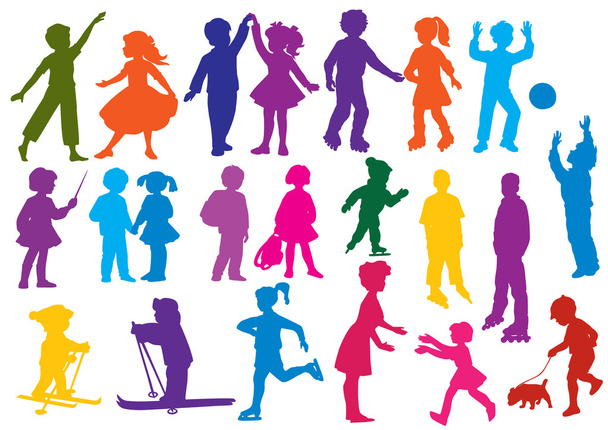 Set of drawn colored silhouettes of children (kids) - Vector, Image
