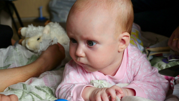 πέντε μηνών μωρό κοριτσάκι σέρνονται και να παίζουν με παιχνίδια σχετικά με μια συμπαίκτης στο σπίτι - Πλάνα, βίντεο