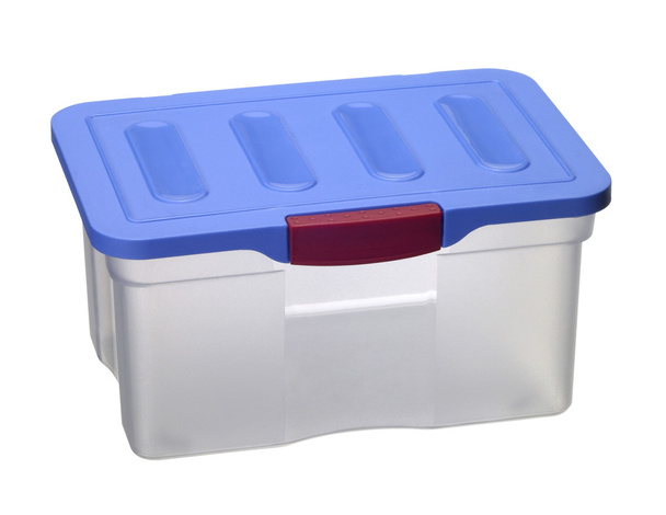 Boîte en plastique translucide avec dessus bleu
 - Photo, image