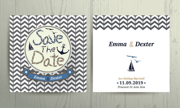 Nautical wedding save the date card on chevron pattern backgroun - Vector, afbeelding