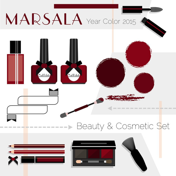 Marsala color Beauty & Cosmetic icons set - Vector, Image