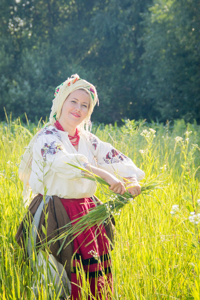 young girl, Ukrainian national costume, works in the fields, rea - Fotoğraf, Görsel