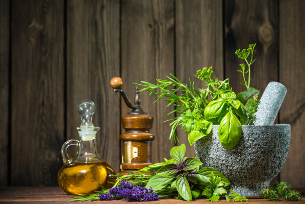 Mortar with herbs - Photo, Image