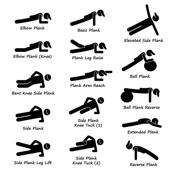 Variações de treinamento de prancha Exercício Vara Figura Pictograma Ícones
 - Vetor, Imagem