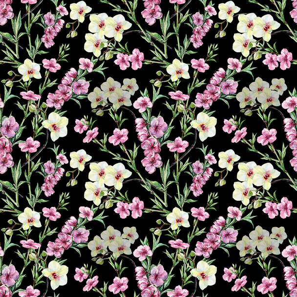 Flowers peach and orchids, watercolor, pattern seamless - Фото, зображення