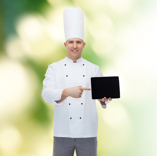 happy male chef cook showing with tablet pc - Фото, изображение