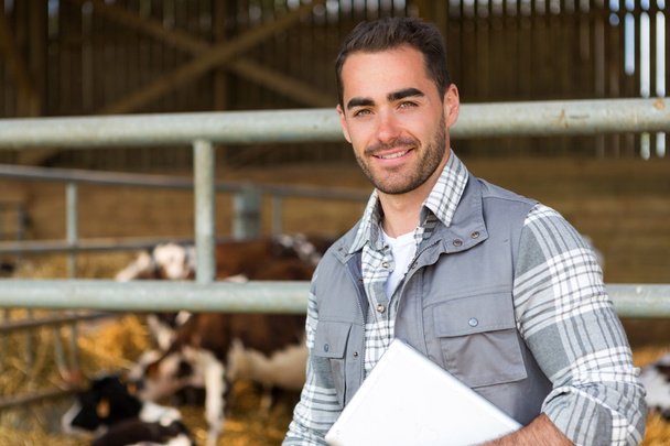 Young attractive farmer in a barn with calf on the background - Foto, Imagen
