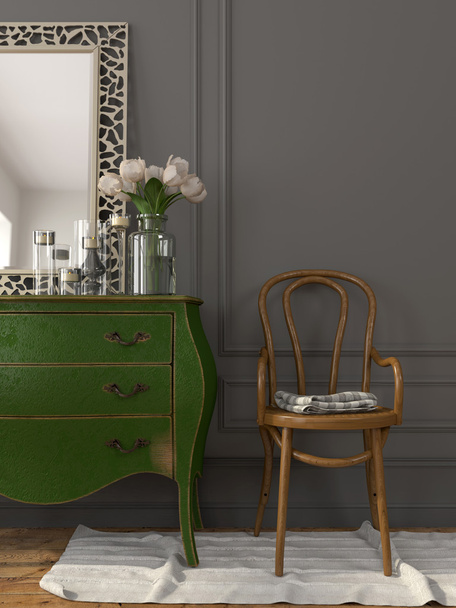 Interior with a green chest of drawers and a wooden chair - Foto, afbeelding