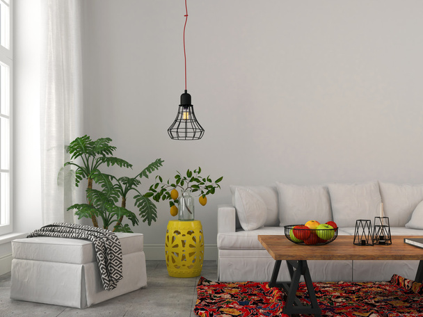 Salón moderno con muebles blancos y lámpara de araña negra
 - Foto, imagen