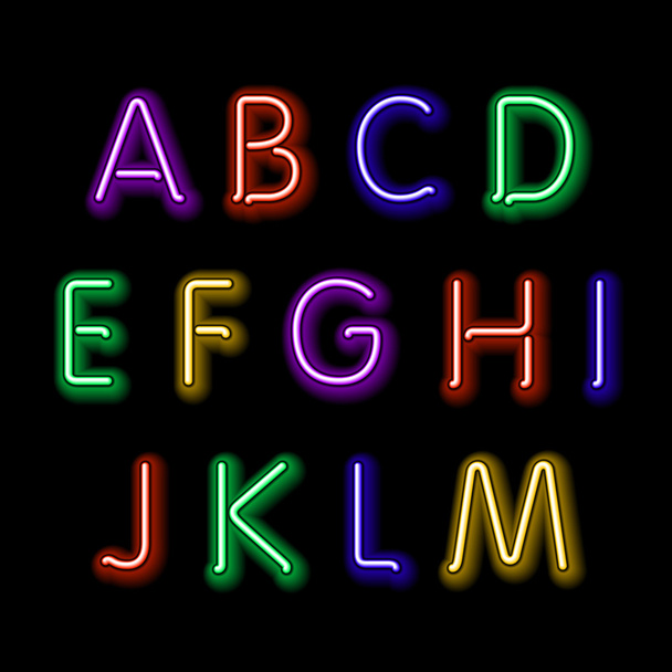 Alphabet lumineux néon. Fonte vectorielle design party rétro 3d néon
, - Vecteur, image