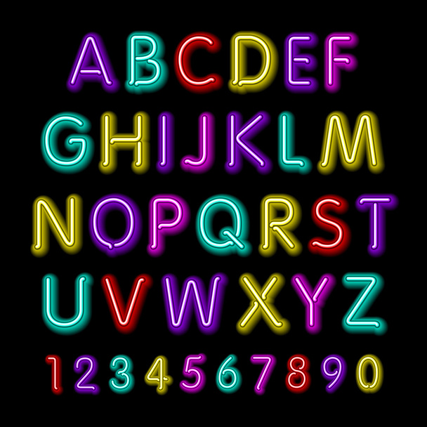Neon glow alphabet. Vector design party retro 3d neon font, - Vektor, kép