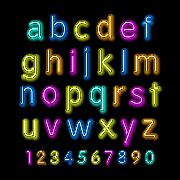 Alphabet lumineux néon. Fonte vectorielle design party rétro 3d néon
, - Vecteur, image